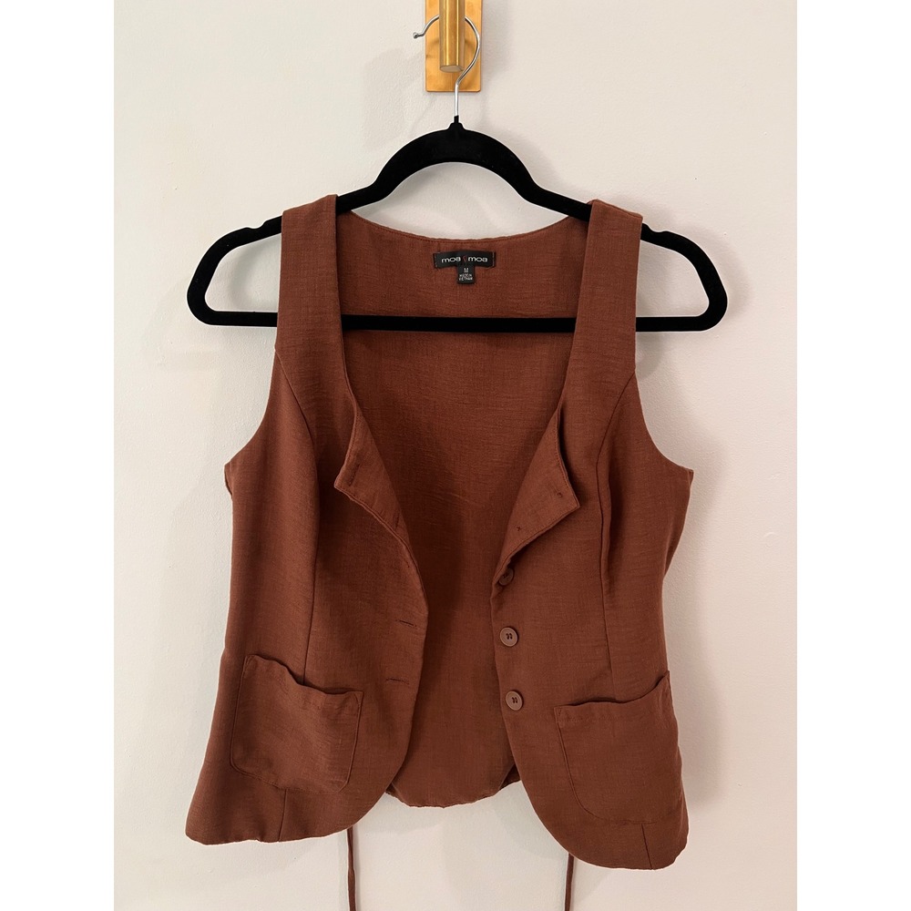 Moa Moa Terracotta Rust Brown Button Up Waistcoat Vest Square Neck Tie Back M